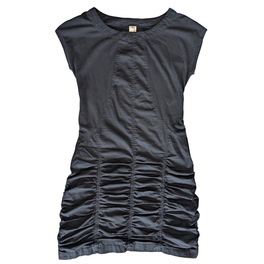 XCVI Small Black Fitted Texture Cotton Stretch Midi Dress Ruched